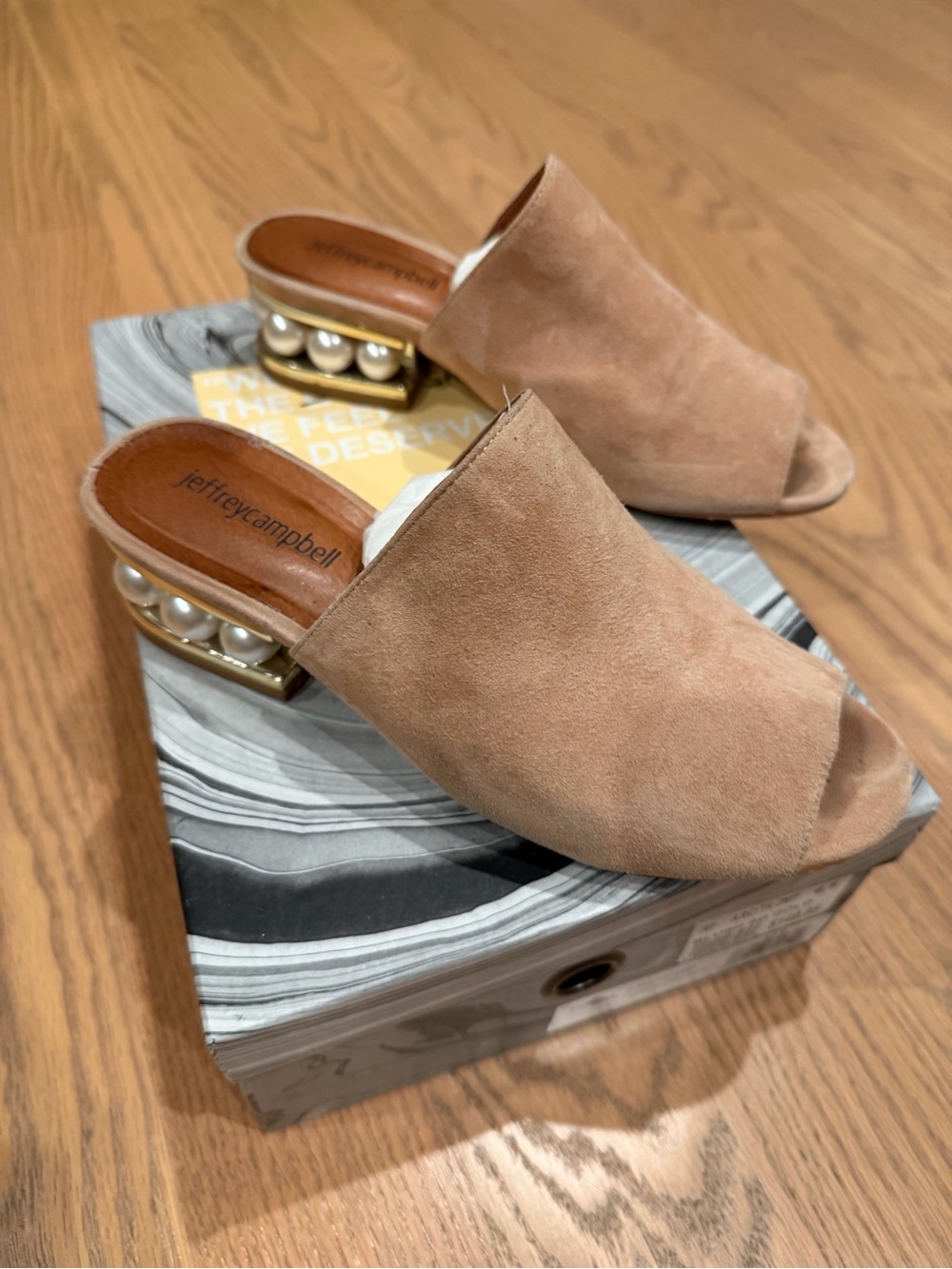 Jeffrey Campbell Tan Suede Pearl-Trim Block Heel Mules